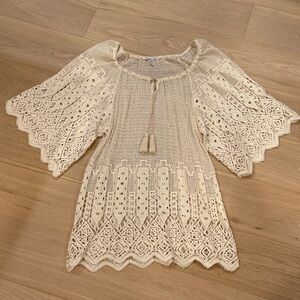 Eberjey Cream Crochet Lace Peasant Tunic with Tassel Tie